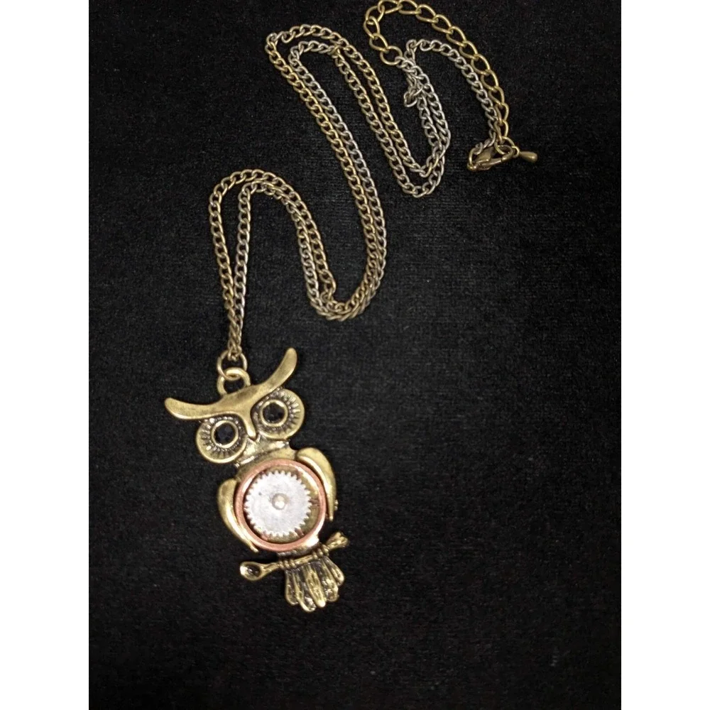 Steampunk‎ Owl Pendant Necklace Gold Tone Mixed Metal Gear 26